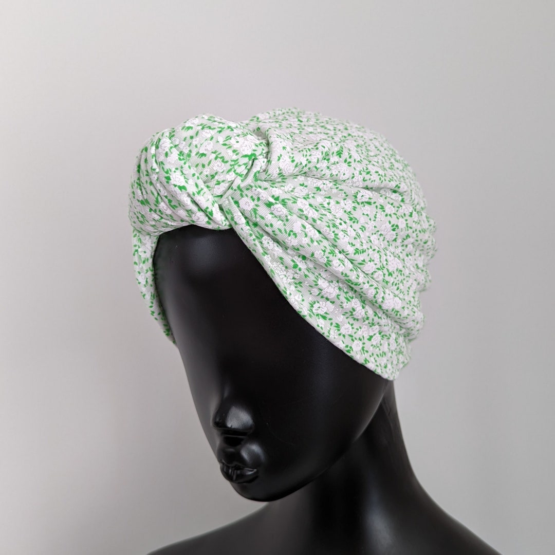 Floral Top Knot Turban Hat: Pale Green Cotton Jersey 