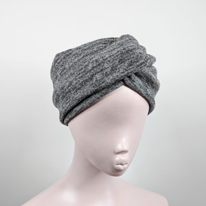 Grey marl wide warm cozy chunky wool knit turban twist front ear warmer headband