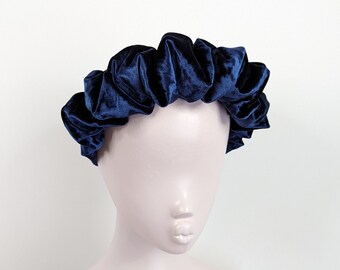 Navy blue luxury crushed velvet ruffle scrunchie statement headband