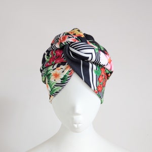 Black white red retro vintage style floral geometric print twist front turban hat head cover