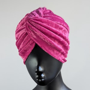 Hot pink crushed velvet twist front turban hat winter vintage style head covering