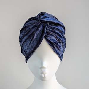 Blue crushed velvet twist front turban hat winter vintage style head covering