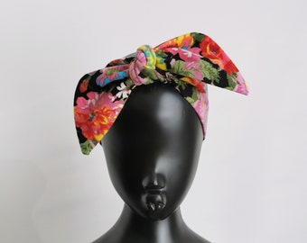Bold pink black floral print self tie bow headband head scarf