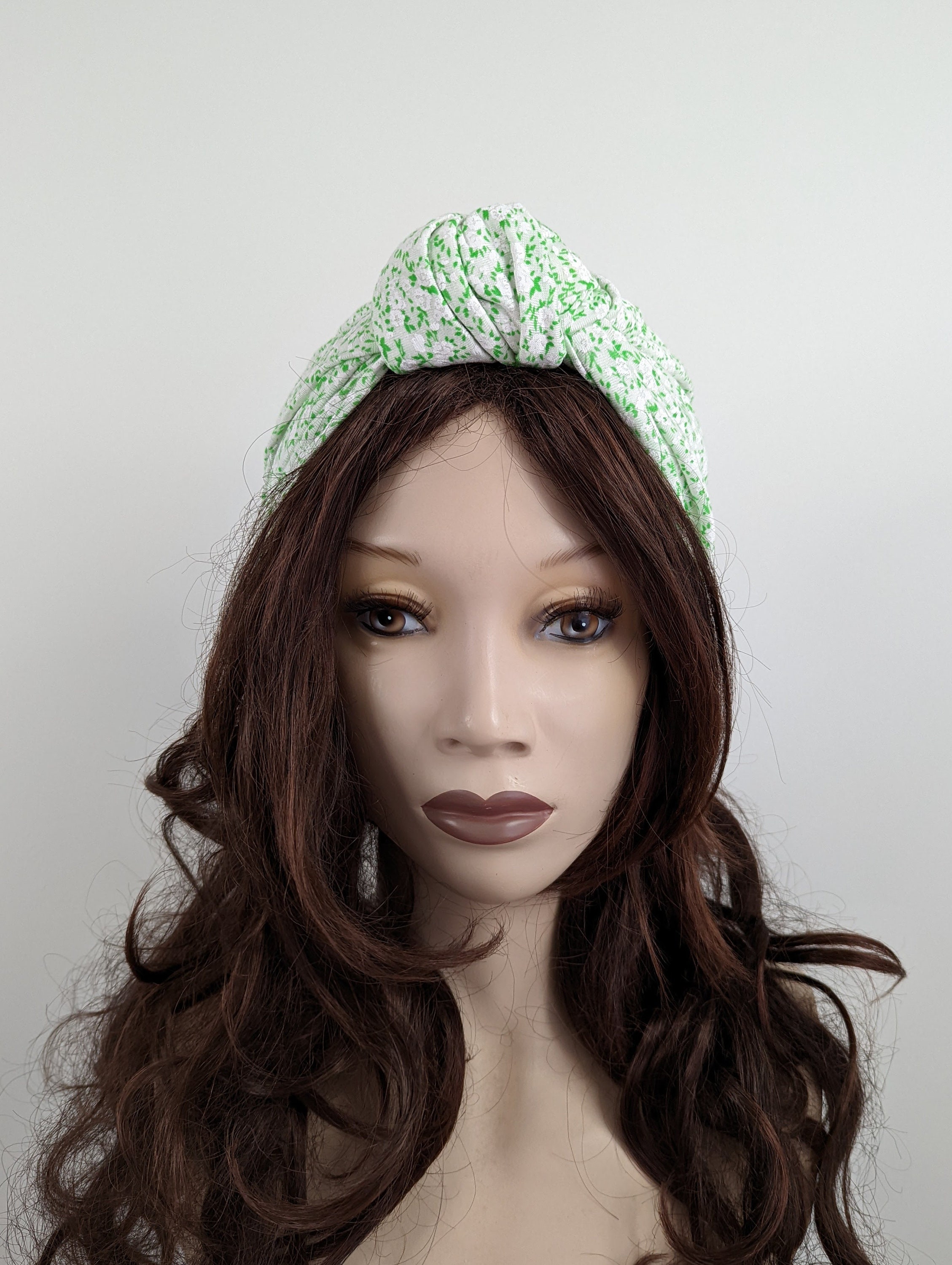 Pale Green Ditsy Floral Statement Top Knot Turban Hat in a