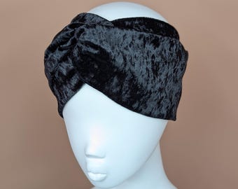 Black Crushed Velvet Twist Headband: Wide Stretch Turban Headwrap Hair Band – Luxe Gothic Style –