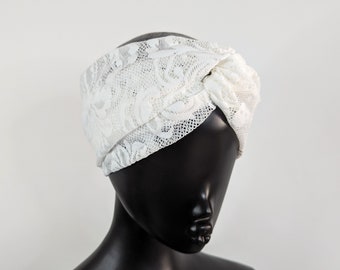 White stretch lace luxury wide turban twist headband