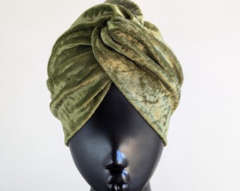 Moss green crushed velvet twist front turban hat winter vintage style head covering