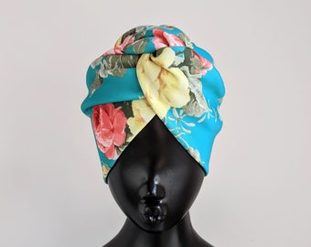 Teal green pink yellow retro vintage style floral print twist front turban hat head cover