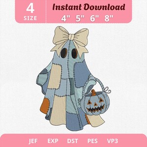Disegno per ricamo fantasma in denim blu, file per ricamo fantasma patchwork, file per macchina da ricamo fantasma carino Boo Coquette, zucca autunnale, download immediato