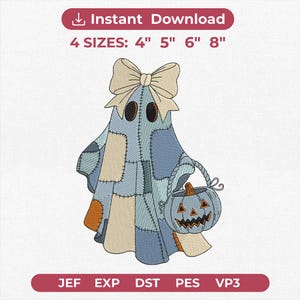 Diseño de bordado de fantasma de mezclilla azul, archivo de bordado de fantasma patchwork, archivo de máquina de coser de fantasma coqueto y lindo, calabaza de otoño, descarga instantánea.