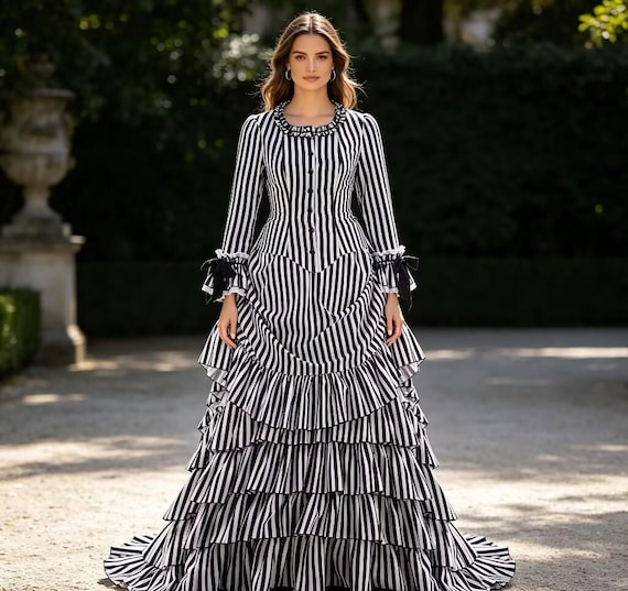 black white vertical striped dress Victorian Ruffled Ball Gown Size:13.5 US Women (10.5 UK/AU) have wardrobe staple for Ankle Length Formal Dress Girl in a Black