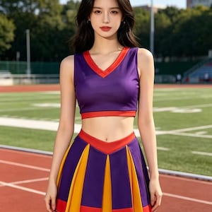 Puede incluir: Un conjunto de animadora de dos piezas que consta de un top corto morado sin mangas con cuello en V y dobladillo rojos, combinado con una falda plisada a juego con paneles alternos morados y dorados y una cintura y dobladillo rojos en V.