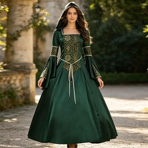 dark green renaissance dress Dark Green and Natural Medieval Summer Dress - Cotton