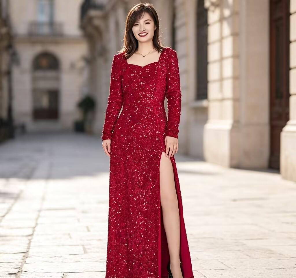 Red Sequin Long Sleeve Dress