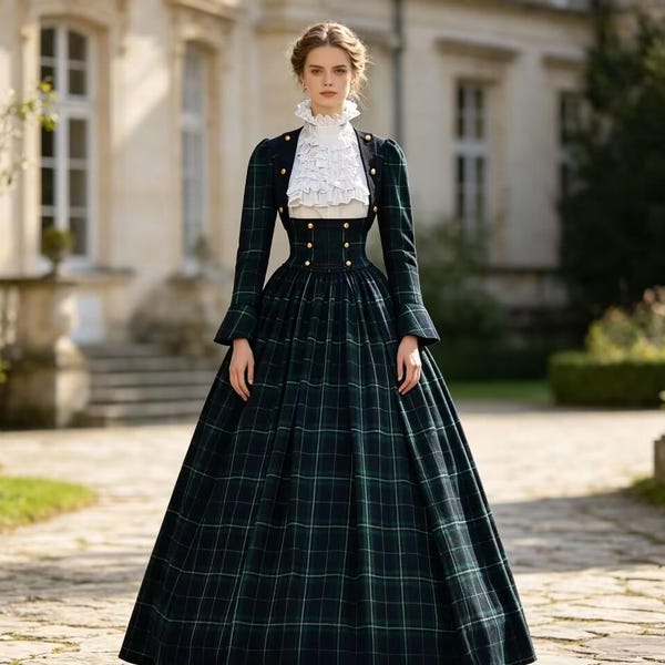 Vintage Scottish Tartan Victorian Ball Gown Long Sleeve Dress