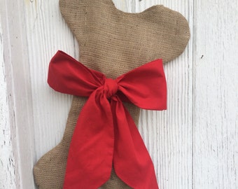 Burlap Dog Bone Christmas Stockings With Bow- For Her-Puppy/Dog Stocking-Choose Your Colors-Rustic/Shabby Chic/Natural-Red and Green