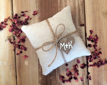 Natural Cotton Ring Bearer Pillow With Jute Twine and Burlap Heart Tag- Personalize With Initials or Wedding Date- 3 Sizes-Natural-Rustic