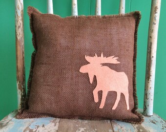 13" x 13" Burlap Fringe Pillow with Moose Applique-Wildlife Collection-Choose Your Animal and Colors-Rustic/Country/Folk/Natural-Cabin Decor