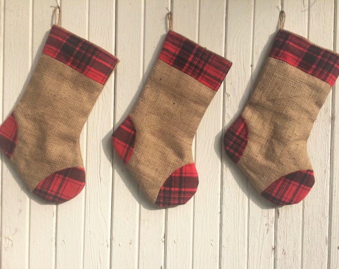Plaid Flannel & Burlap Christmas Stocking- 3 Plaid Designs Available- Rustic-Cabin-Woodland-Country-Holiday Decor
