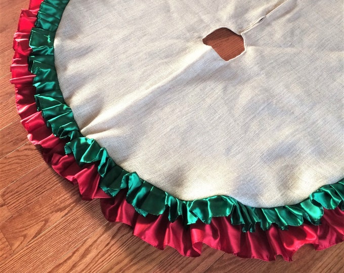 Double Ruffle Burlap & Satin Christmas Tree Skirt--TWO Sizes Available-Choose Your Color Combo--Rustic/Shabby Chic-Holiday Decor