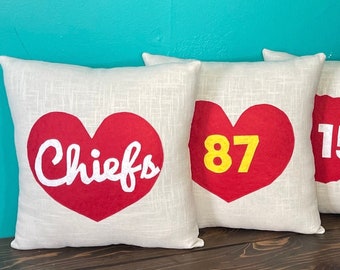 13" x 13" Linen Chiefs Theme Throw Pillow- Four Designs- Mahomes and Kelce- Heart and Arrowhead- Red/Yellow- Football Gift- Decor