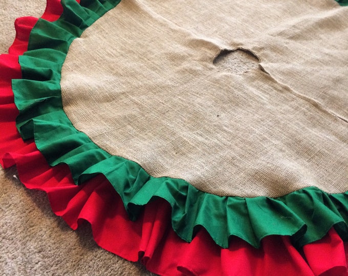 58" Double Ruffle Burlap Tree Skirt-Natural Burlap-Two Tone Ruffles-Christmas-Shabby Chic- Other Colors Available-Customize-Large Tree Skirt