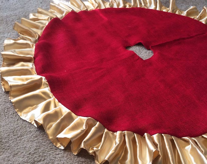 54" Red Burlap Christmas Tree Skirt w/ Gold Satin Ruffle-Choose Your Color Combo--Rustic/Shabby Chic-Holiday Decor-Red/Gold/Green/Ivory