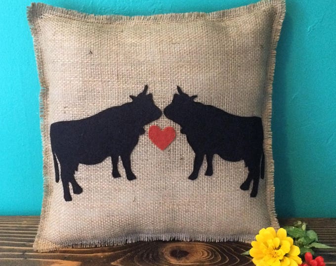 14"x14" Cow Love Natural Burlap Fringe Pillow-Farm Animal Decor-Cow Decor-Abstract-Choose Your Colors-Customize-Rustic/Natural/Country