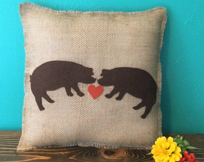 14"x14" Pig Love Natural Burlap Fringe Pillow-Farm Animal Decor-Pig Decor-Abstract-Choose Your Colors-Customize-Rustic/Natural/Country