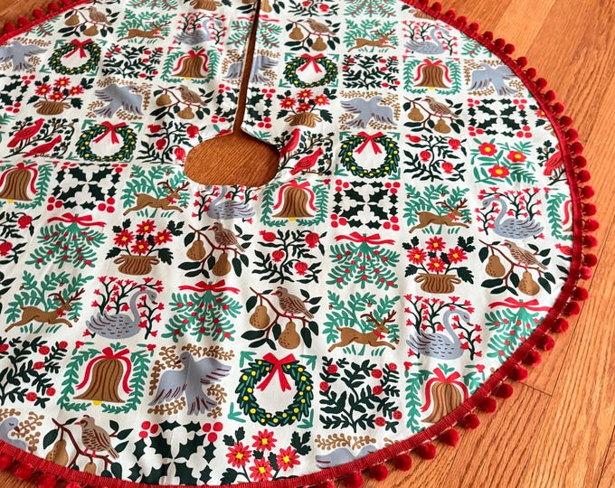 Cream Christmas Tapestry Tree Skirt with Burlap Lining and Pom Pom Trim- Holiday Classics Fabric By Rifle Paper Co.- 12 Days of Christmas