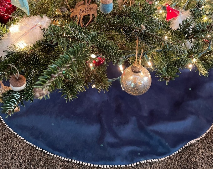 Velvet Christmas Tree Skirt with Miniature Pom Pom Trim Detail-Small-Medium-Large-Choose Your Color-Navy/Teal/Purple/Red/Gray/Orange-Boho