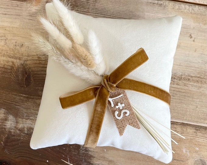 Velvet Ring Bearer Pillow w/ Khaki Velvet Ribbon- Dried Bunny Grass Bundle- Personalized Tag- Boho Wedding- Terracotta-Dusty Blue-Sage Green