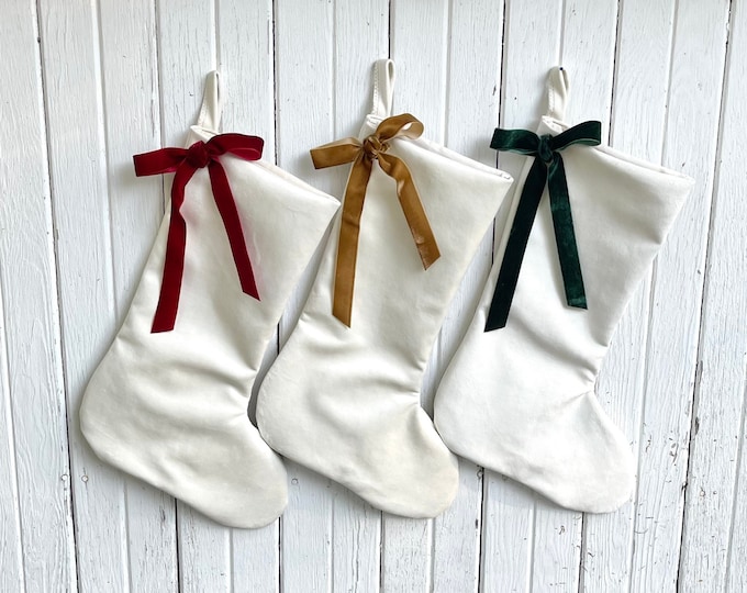 White Velvet Christmas Stocking with Velvet Ribbon Bow- Custom Bow Colors Available- Modern & Minimalist Family Stockings