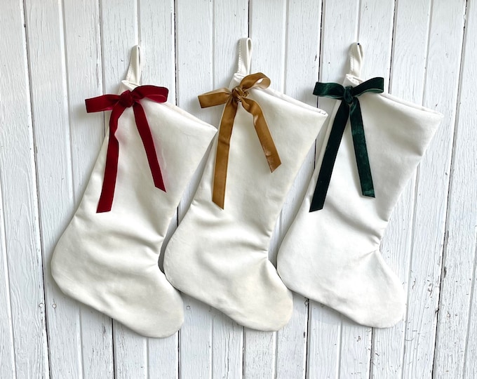 White Velvet Christmas Stocking- With Velvet Ribbon Bow- Extra Large- Modern/Minimalist- Alabaster White- Red/Green/Khaki/White/Black Bow