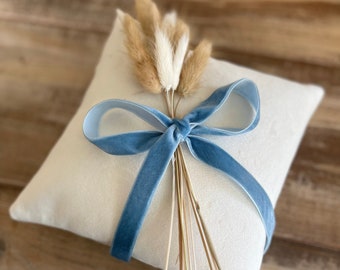 Velvet Ring Bearer Pillow w/ Dusty Blue Velvet Ribbon- Dried Bunny Grass Bundle- Personalized Tag- Boho Wedding- Khaki-Terracotta-Sage Green