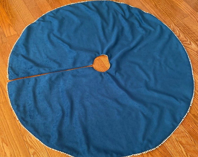 Velvet Christmas Tree Skirt with Miniature Pom Pom Trim Detail- Three Sizes-Choose Your Color-Navy/Teal/Purple/Red/Gray/Orange-Boho