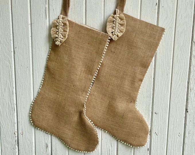 Natural Burlap Christmas Stocking with Miniature Pom Pom Trim Detail & Macrame Feather- Personalize-Custom Name Applique-Bohemian/Minimalist