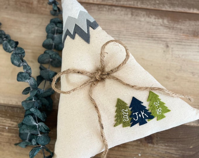 Mountain Ring Bearer Pillow-With Trees and Mountain Top Detail-Personalize With Initials & Date- Nontraditional-Mountain Wedding-Woodsy