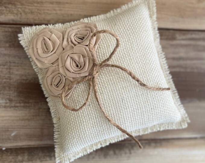 8" x 8" Off-White Burlap Ring Bearer Pillow with Nude Cotton Rosettes & Jute Twine Detail- CUSTOM COLORS Available-Rustic Boho Wedding