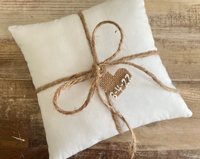 White Cotton Ring Bearer Pillow With Jute Twine and Burlap Heart Tag- Personalize With Initials or Wedding Date- 3 Sizes-Natural-Rustic