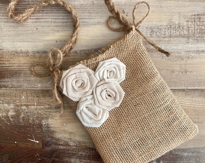 Burlap Flower Girl Bag With Natural and Cream Rosettes-Custom Colors Available-Weddings-Rustic-Barn-Boho-Beach-Wedding Ceremony