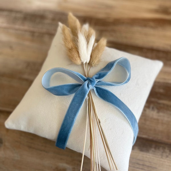 Velvet Ring Bearer Pillow w/ Dusty Blue Velvet Ribbon- Dried Bunny Grass Bundle- Personalized Tag- Boho Wedding- Khaki-Terracotta-Sage Green