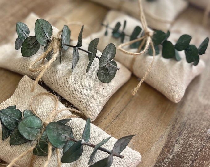 Natural Cotton Lavender Sachets With Preserved Eucalyptus & Jute Twine- Filled With Dried Lavender-Natural Party Favor-Wedding/Bridal/Shower