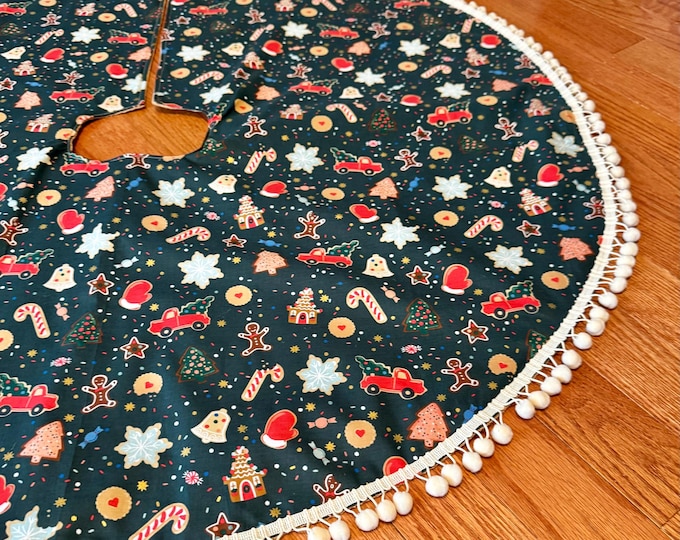 Evergreen Christmas Cookies Tree Skirt with Burlap Lining and Pom Pom Trim- Holiday Classics Fabric By Rifle Paper Co. with Metallic Accents