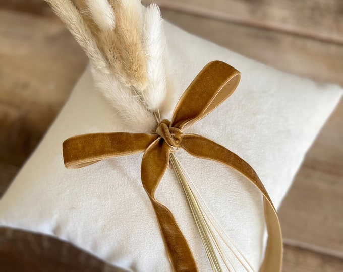 Velvet Ring Bearer Pillow w/ Khaki Velvet Ribbon- Dried Bunny Grass Bundle- Personalized Tag- Boho Wedding- Terracotta-Dusty Blue-Sage Green