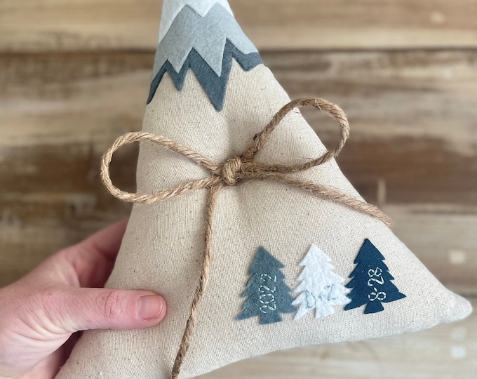 Mountain Ring Bearer Pillow-With Trees and Mountain Top Detail-Personalize With Initials & Date- Blue/Grays- Winter-Mountain Wedding