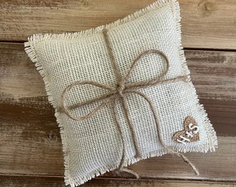 8" x 8"  Off-White Burlap Ring Bearer Pillow w/ Jute Twine and Burlap Heart -Personalize With Initials- Rustic/Country/Shabby Chic/Wedding