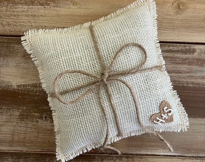 8" x 8"  Off-White Burlap Ring Bearer Pillow w/ Jute Twine and Burlap Heart -Personalize With Initials- Rustic/Country/Shabby Chic/Wedding