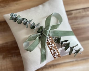 Velvet Ring Bearer Pillow w/ Velvet Ribbon & Preserved Eucalyptus- Personalized Tag Included- Boho Wedding- Khaki-Blue-Terracotta-Sage-Rose