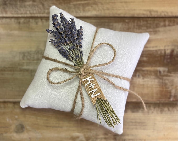 Organic White Linen Ring Bearer Pillow with Dried Lavender- Jute Twine and Personalized Burlap Tag- Three Sizes Available- Natural Florals